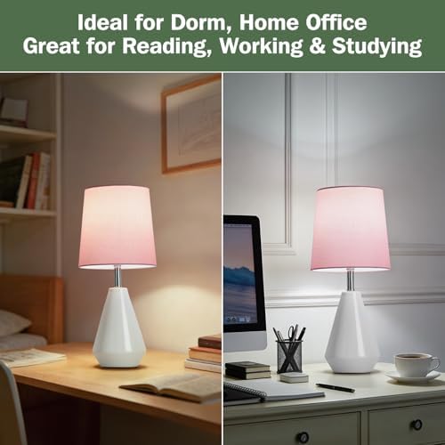 Small Bedside Table Lamp for Bedroom-Reading Desk Lamp Set of 2,with 3 Color Temperatures,15.5" Nightstand Ceramic Lamp with Fabric Shade for Kids Room,Living Room,Dorm,Home Office