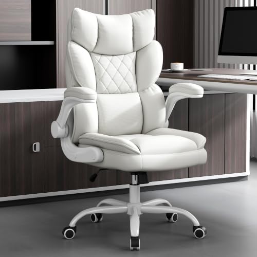 Vonesse Office Chair, Desk Chair with Flip-up Armrests, Gaming Chair with Double-Layered Soft Backrest,PU Leather Computer Executive Chair with Breathable Seat Cushion (White)