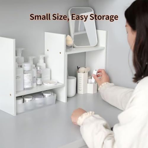 Desktop Shelf Organizer, Adjustable Wood Office Storage Rack, Counter Display Small Bookshelf for Home/Office/School(White)