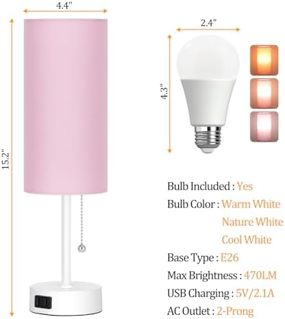 Dott Arts Table Lamp for Bedroom, 3-Color Bedside Lamps with Pull Chain