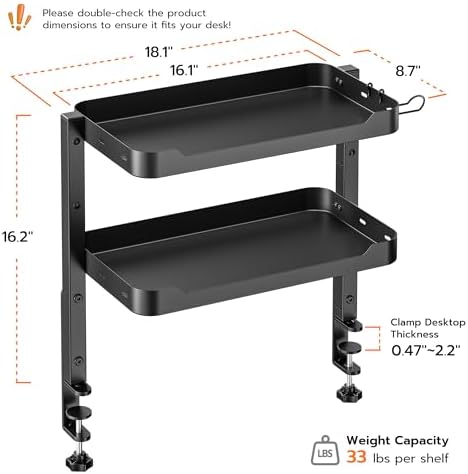 ARES WING 2-Tier 16 inch Clamp On Desk Shelf, Above or Under Desk Storage