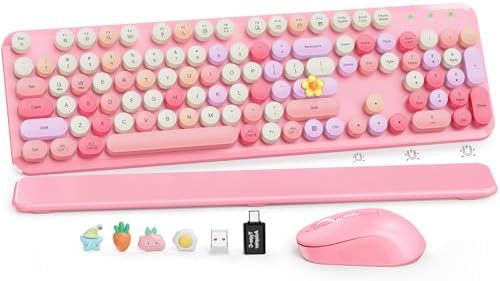 Wireless Keyboard and Mouse Combo, Round Keycaps, Magnetic Wrist Rest, Pink