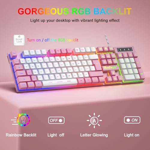 BlueFinger RGB Gaming Keyboard and Backlit Mouse Combo, USB Wired, LED Gaming Set for Laptop PC Computer Game and Work (Pink & White)