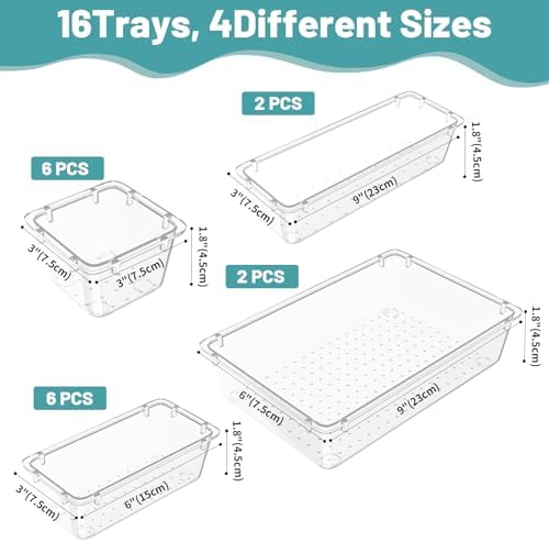 WOWBOX 16 PCS Clear Plastic Drawer Organizer Set, 4 Sizes Desk Drawer Organization and Storage Containers for Makeup, Cosmetics, Jewelry and Gadgets in Kitchen, Bathroom, Bedroom, Office, Clear