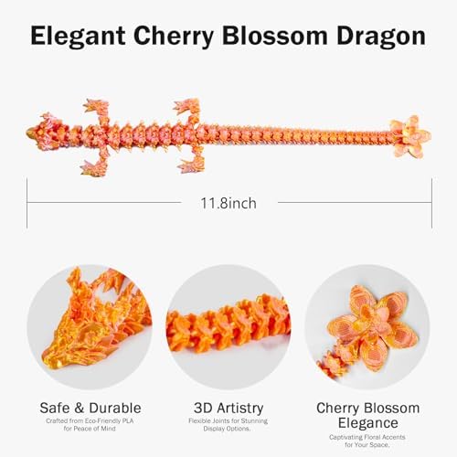 Outgoto 3D Printed Cherry Blossom Dragon – 11.8in Realistic Articulated Dragon Fidget Toy, Desk Décor and Collectible (Pink Gold)