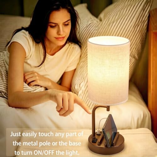 Dreamholder Touch Control USB Table Lamp with USB C/A & AC Outlet, 3-Way Dimmable Bedside Lamp, Modern Nightstand Lamps for Bedroom Living Room Guest Room Office, Bulb Included, Brown