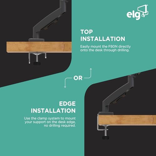ELG Gas Spring Monitor Arm, Full Motion, 20.9" Reach, 17-35" Screens 19.8 lbs, +85°/-30° Tilt, 360° Rotation, C-Clamp & Grommet, VESA 75x75 to 100x100mm, Cable Organizer, Black