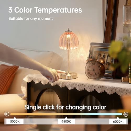 Shenmoyl Tulip Table Lamp with 5200mAh Battery & Touch Control, Cordless Small Table Lamp with 3 Colors, Dimmable Rechargeable Table Lamps for Living Room, Bedroom, Desk, Bedside (Clear Pink Tulip)