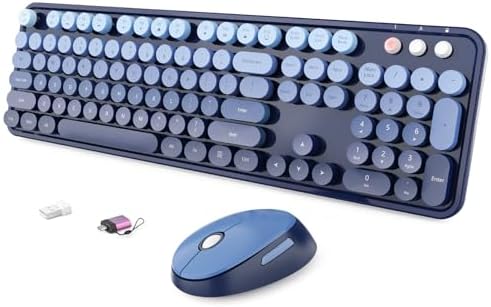 Wireless Keyboard and Mouse Combo, Ergonomic Full Size Typewriter Retro Round Keycaps Keyboard, Compatible with Windows, PC, Perfer for Home and Office Keyboards (Twilight Blue