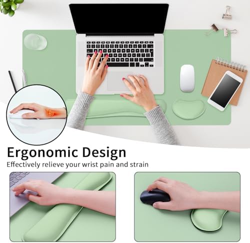Desk Mat Set， Wrist Rest for Computer Keyboard, 3-in-1 Large Mouse Pad and Keyboard Wrist Rest Set, Non-Slip Desk Mat Protector for Office, Home(27.5×13.8 Inches, Lake Green)
