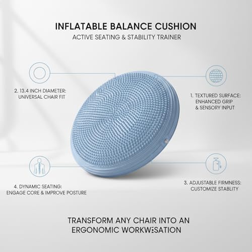 Inflatable Balance Disc Cushion, 13.4 Inch PVC Wobble Seat for Stability Training, Core Exercise & Office Chair Support, Portable Fitness Pad (Pink, Gray, Purple, Blue)