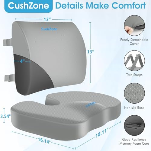 CushZone X-Large Seat Cushion and Lumbar Pillow for Office Chair Light Grey