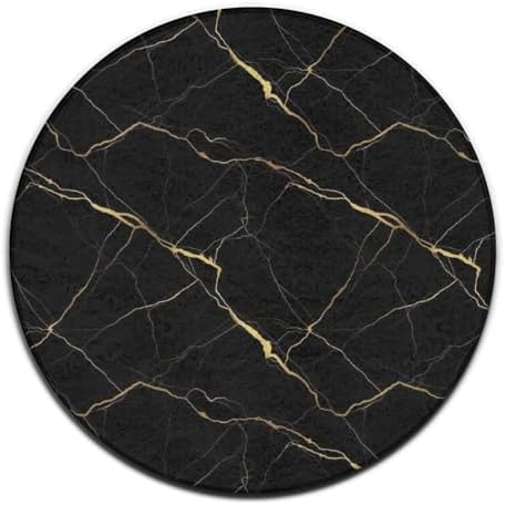 Large Home Decor Mat, Soft Round Yoga Carpet, Non Slip Machine Washable Home Office Circle Rug Black Marble Gold Texture, 36inch