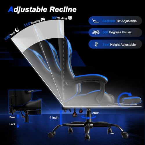 Gaming Chair, Ergonomic Computer Chair with Footrest Lumbar Support, Blue