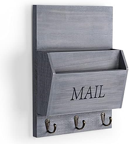 DLQuarts Solid Wood Mail Organizer with Key Holder for Wall, Mail Sorter Wall Mounted, Decorative Wooden Key and Mail Holder with 3 Hooks, Weathered Gray