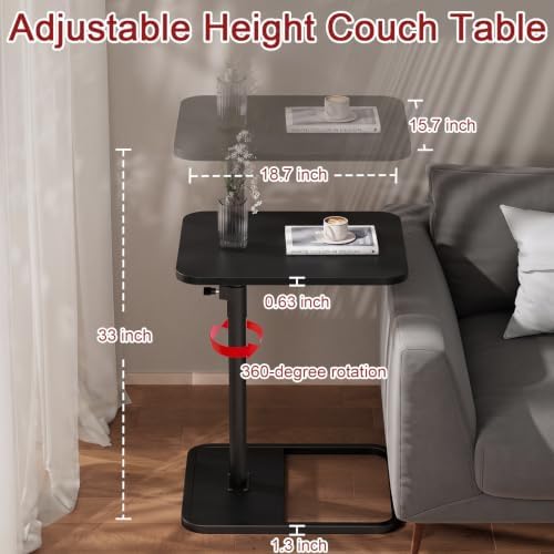 GOYLSER Large C Shaped Tv Trays Living Room End Table End Stand, Black Minimalist Wooden c Table for Sofa, Height Adjustable Tv Tray Tables Swivel Side Table for Dinner Eating