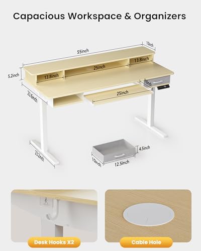 Electric Standing Desk with Keyboard Tray, 55x24 Inches Height Adjustable Stand up Desk with 2 Drawers, Ergonomic Sit to Stand Table with Storage Monitor Stand, Oak