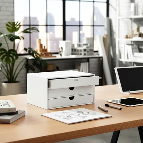 UnionBasic Document Organizer, 3-Drawer File Cabinet Document Storage Box, Office Desktop Filing Organizer, Croco White