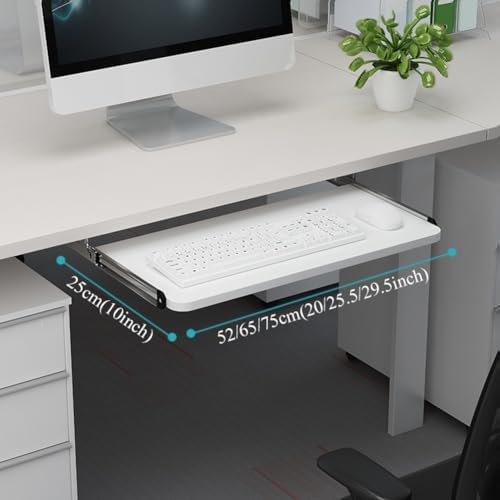 Under Desk Keyboard Drawer, 10-inch Wide Computer Tray, White Slide-Out Desktop Keyboard Shelf for Home Office Study, 65x25cm 52x25cm(20x10inch)