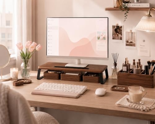 Monitor Stand Riser for Desk, Wood Look, Metal Legs