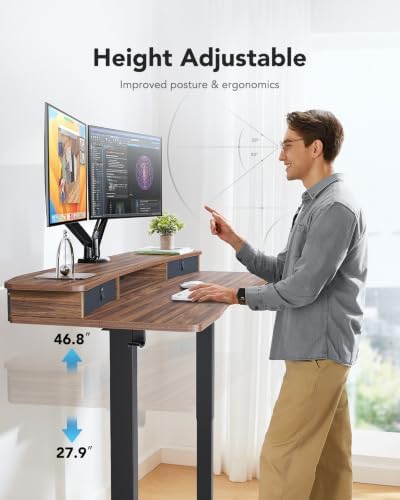 HUANUO 60″ x 30″ Electric Standing Desk with 2 Drawers, C-Clamp Mount Compatible, Height Adjustable Computer Desk, Home Office Stand Up Desk with 4 Preset Heights & 2 Hooks, Walnut