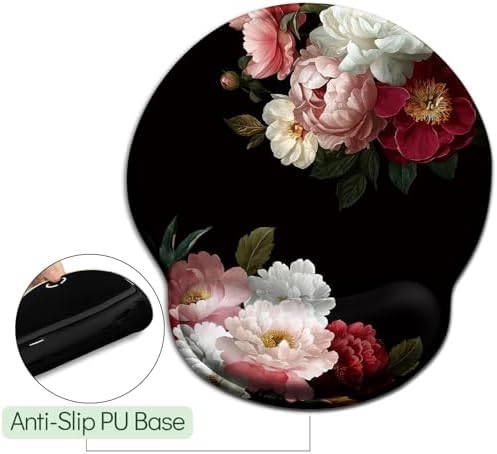 LIMKRIAN Black Flower Ergonomic Mouse Pad with Wrist Rest, 9.8 x 8.6 in