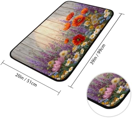 Spring Wildflowers Poppy Wood Door Mat Kitchen Mats, Indoor Outdoor Rugs, Cushioned Anti Fatigue Absorbent Kitchen Rug, Non-Slip Standing Desk Mat, Front Door Rug for Floor, Bathroom, Sink, 20"×39"