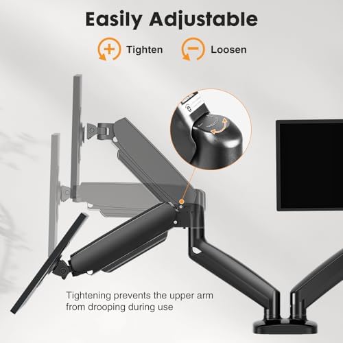 DUMOS Dual Monitor Mount for Desk, Gas Spring Monitor Arm for 2 Monitors Max 32 Inches, Fully Adjustable Double VESA Mount with C-Clamp/Grommet Base, Holds Screen 17.6 lbs