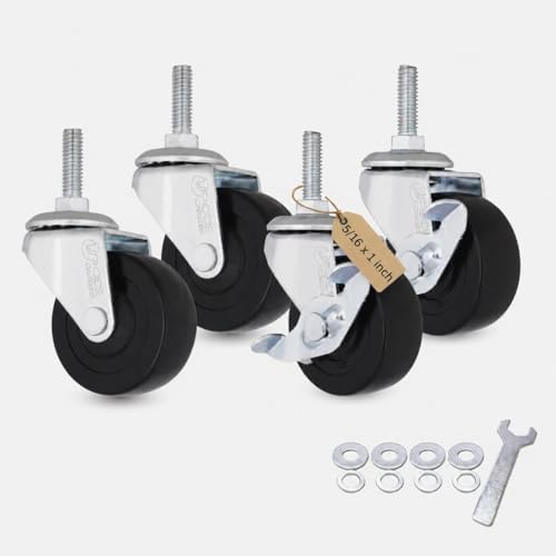 AXL 5/16 UNC Threaded Stem Caster Wheels Set of 4, 2 Inch Swivel Casters (2 Locking, 2 Non-Locking), 1" (25mm) Stem Length Replacement Wheels for Utility Cart, Shelf, Cabinet, Furniture