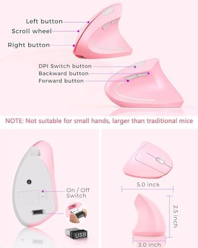 Ergonomic Mouse Wireless, Rechargeable Mouse Silent for Carpal Tunnel Right Hand, 2.4GHz USB Vertical Mouse Wireless for Laptop etc, 3 Adjustable 800/1200/1600 DPI, Pink