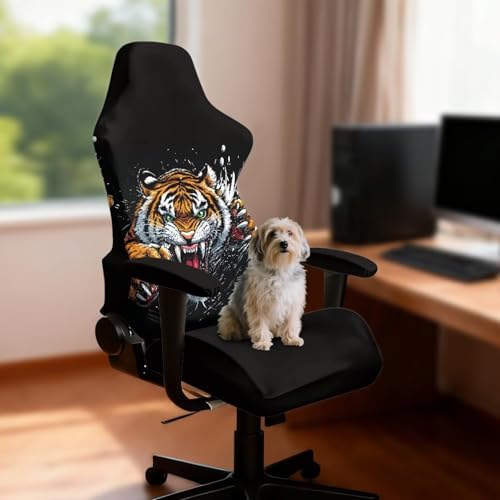 Tiger Gaming Chair Cover Stretchable Game Chair Slipcovers with 2 Armrest Covers, Scratch-Proof Gamer Desk Chair Covers for Computer Office Seat