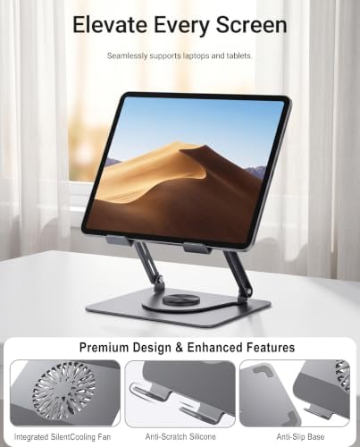 Laptop Stand with Cooling Fan, 360° Rotating Base, Adjustable Height & Angle, Ergonomic Computer Riser with Non-Slip Silicone Pads