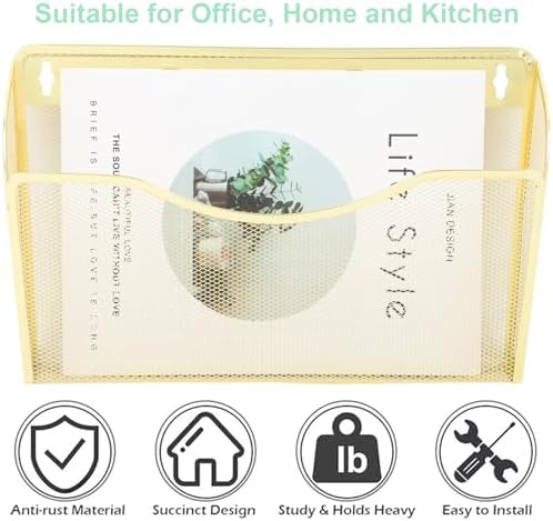 EASEPRES 3 Single Pocket Mesh Hanging File Organizer, Vertical Wall Mounted Magazine File Holder, Mount Basket Mail Paper Document Folder Organizing for Office, Home and School, Gold