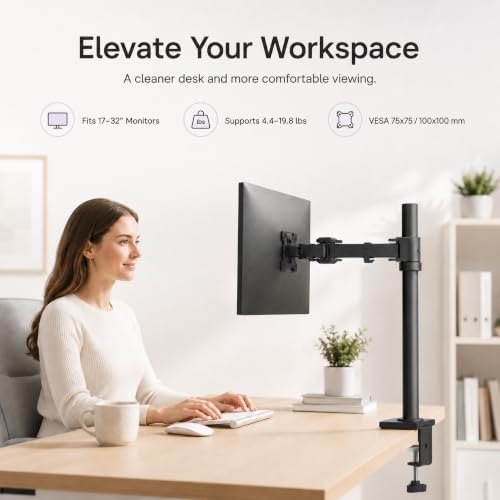 Single Monitor Desk Mount, Adjustable Pole, 17-27 Inch, VESA 75/100