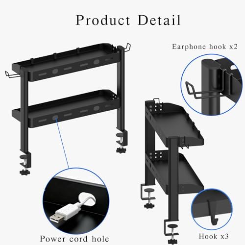 Clamp on Desk Shelf, 17in 2-Tier Office Desk Shelves Organizer, Small Shelf for Top of Desk with Headphone Holder and Hooks, Desktop Storage Rack for Home Workspace, Study Rooms, Gaming Accessories