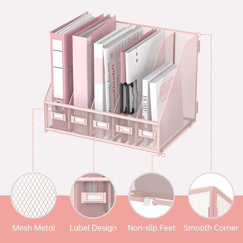 SUPEASY Desk Organizers Metal Desk Magazine File Holder with 5 Vertical Compartments Rack File Organizer for Office Desktop, Classroom, Home Workspace, Pink Plus