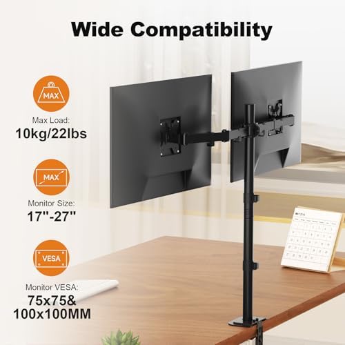 Suptek Dual Monitor Desk Mount, Adjustable Dual Monitor Arm for 2 Computer Screens up to 27 inch, Extra Tall 31.5" Pole Dual Monitor Stand for Desk, Holds up to 22 lbs(MD6842)