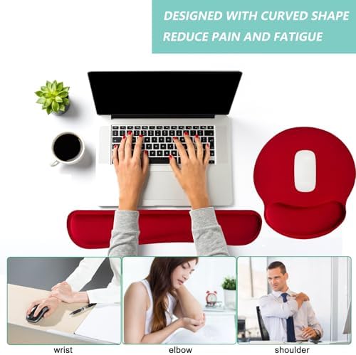 Keyboard Wrist Rest Pad Mouse Pad with Wrist Support Set of 3, Mousepad with Non-Slip Rubber Base, Ergonomic Memory Foam Mouse Wrist Cushion Support for Home Office Laptop Computer Gaming, Red