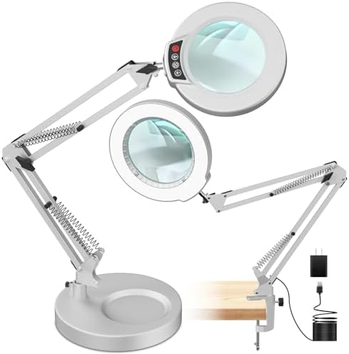 12X Magnifying Glass with Light and Stand, 5 Color Modes, Brightness Stepless Dimmable LED Lighted Magnifier Hands Free, 2-in-1 Desk Lamp & Clamp Light, Magnifier Lamp for Crafts - Silvery