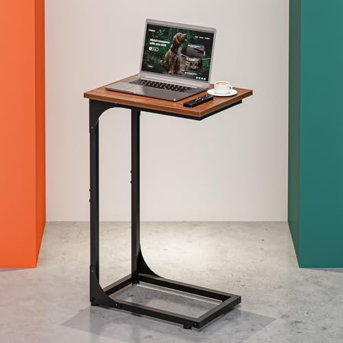 C-Shaped Side Table for Couch - Small Coffee Stand Sofa Tray Desk with Metal Frame and Waterproof Scratch Resistant, Modern End Accent for Living Room, Bedroom, Small Spaces, Rustic Walnut