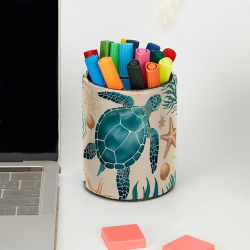 Vintage Turtle Starfish Pen Holder Pencil Organizer Cute Pencil Cup Desk Decor Makeup Brush Holder PU Multifunctional Office Supplies for Home Classroom School