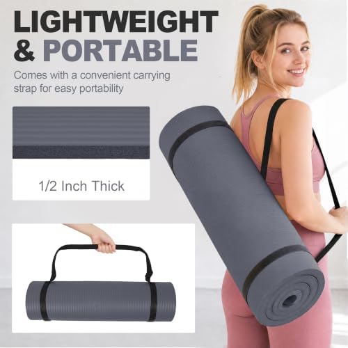 HULKFIT High Density Non Slip Yoga Mat, Extra Thick Exercise Mat with Carrying Strap, for Pilates, Fitness, Home Gym & Floor Workouts - Multiple Thickness & Multiple Color