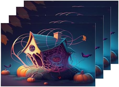 Shrahala Happy Halloween Funny Set of 4 12 X 18 Inch Linen Placemats, Spider Webs Houses Butterflies Pumpkins Burlap Table Mat Washable Double Layered Heat Insulation for Indoor/Outdoor