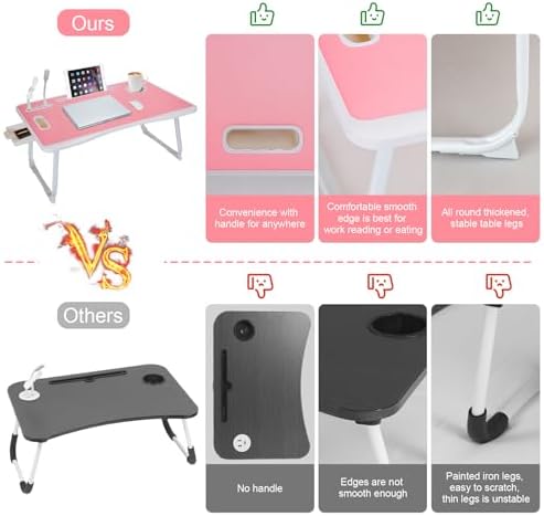 Laptop Bed Table, Laptop Desk for Bed, Foldable Laptop Bed Desk with USB Charge Port, Handle, Desktop Card Slot, Cup Slot, Side Drawer, Portable Laptop Table for Bed Eating Reading Working