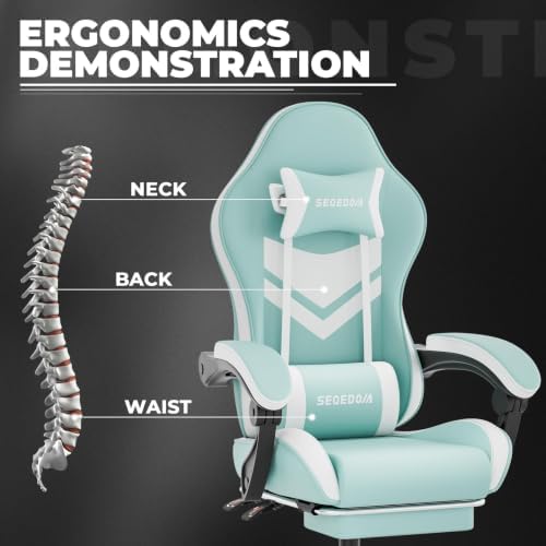 Gaming Chair with Footrest & Massage Lumbar Support, PU Leather Ergonomic High Back Swivel Height Adjustable Chair for Adults, Office Gaming, 300 lbs (Green White)