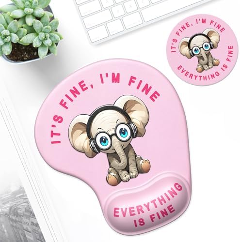 ITNRSIIET Ergonomic Mouse Pad Coaster Set with Gel Wrist Support Wrist Rest Smooth Surface Non-Slip PU Base Comfortable Office Supplies Pain Relief, 9.5 x 8.3 inches, Pink Pretty Elephant