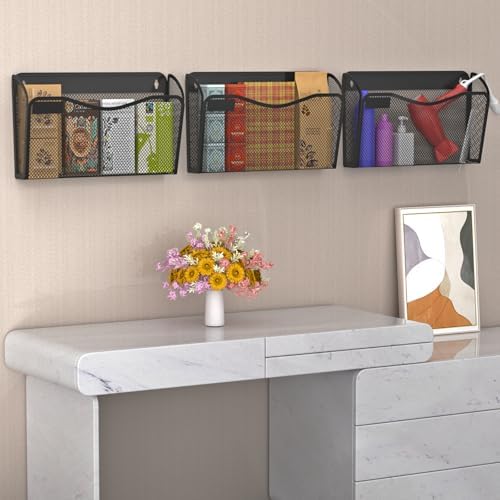BOHDK Wall File Organizer, 3 Single Pockets Mesh Hanging File Organizer, Mount Document Magazine Rack with Labels, Hanging File Folders for Office, Home and School, Black