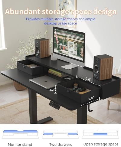 YIHAYO Electric Standing Desk with Drawers, 60 x 24 Inches Adjustable Desk with Storage Shelf, Computer Table with Splice Board for Home Office, Black Frame/Black Top