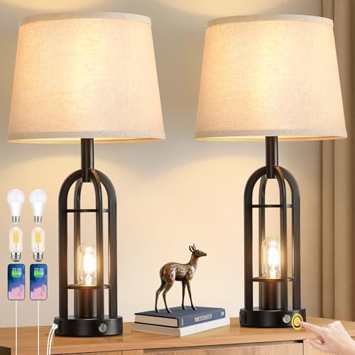 SRJJA 24" Farmhouse Touch Table Lamps for Living Room Set of 2 with USB A+C