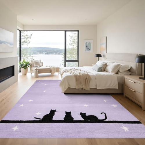 9'x12' Black Cat Lavender Starry Washable Area Rug